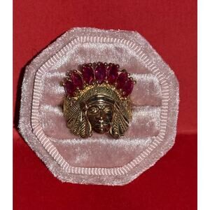 Vintage 10K Gold Chief Head Ring with Ruby Accents – Bold Statement Jewelry